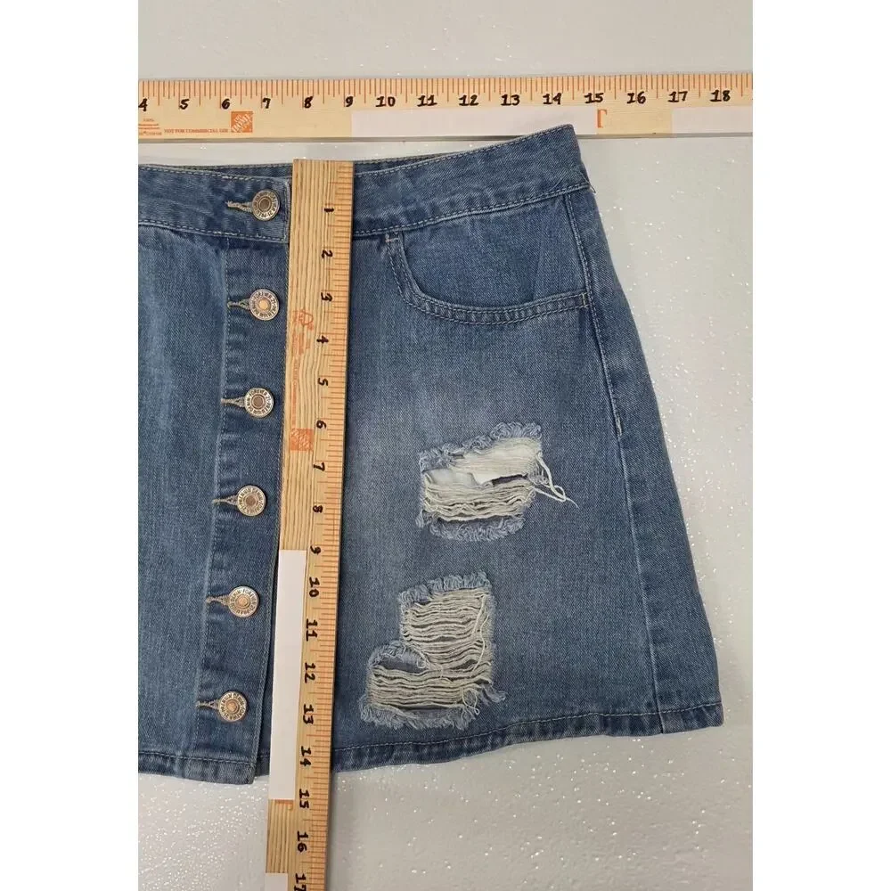 Forever 21 Distressed Denim Mini Skirt Button Front Medium Wash Size Large